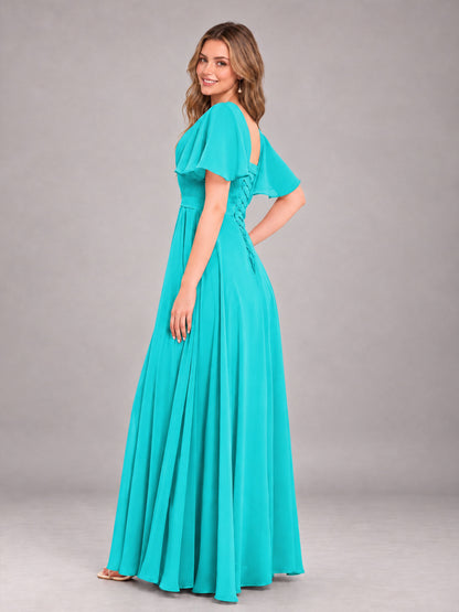 Turquoise Trendy V-Neck Short Sleeves Chiffon Bridesmaid Dress With Pockets