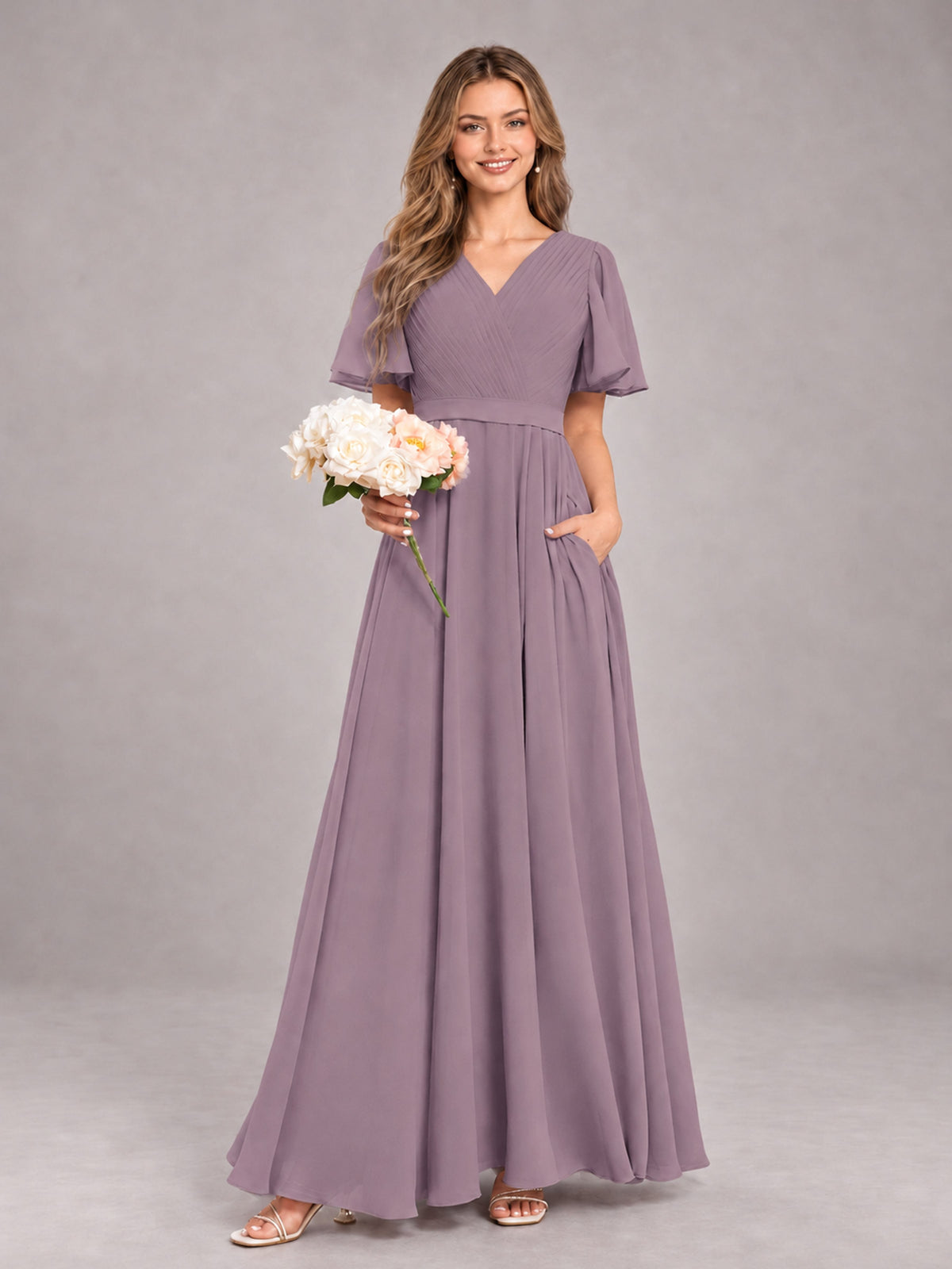 Wisteria Trendy V-Neck Short Sleeves Chiffon Bridesmaid Dress With Pockets