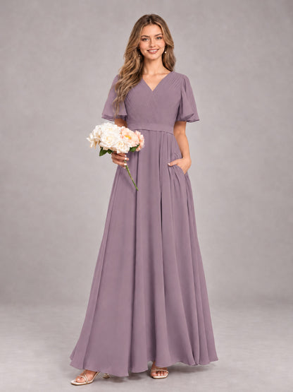Wisteria Trendy V-Neck Short Sleeves Chiffon Bridesmaid Dress With Pockets