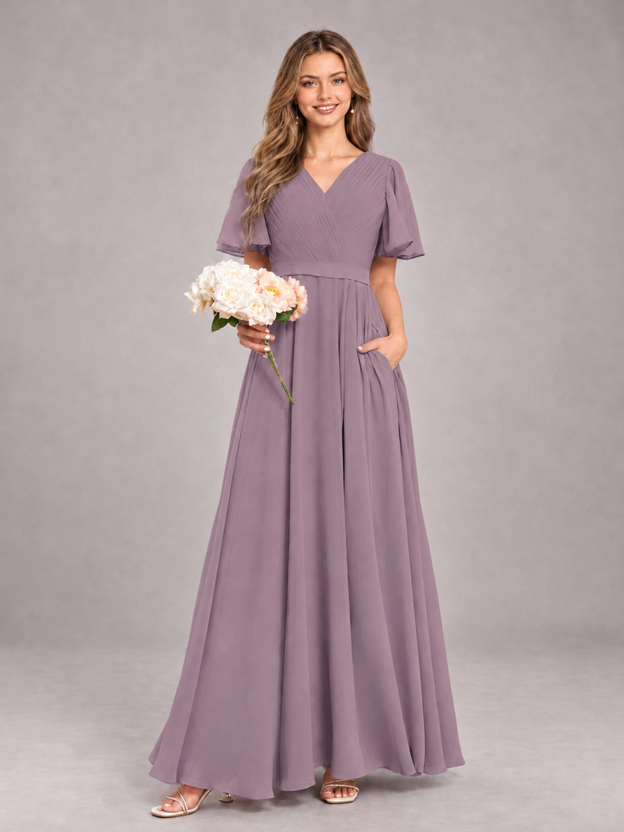 Wisteria Trendy V-Neck Short Sleeves Chiffon Bridesmaid Dress With Pockets