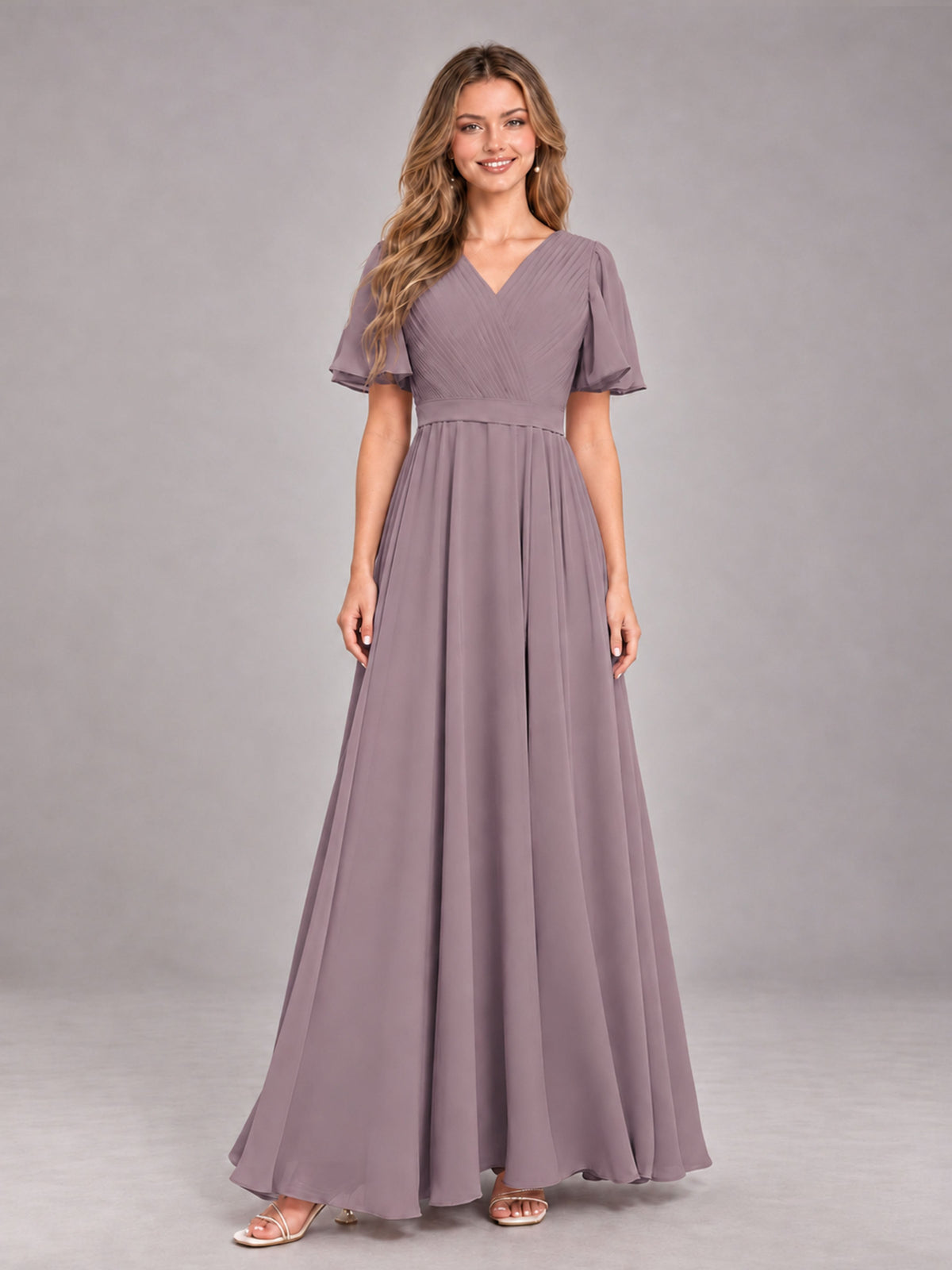 Wisteria Trendy V-Neck Short Sleeves Chiffon Bridesmaid Dress With Pockets