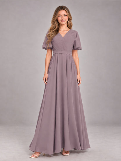 Wisteria Trendy V-Neck Short Sleeves Chiffon Bridesmaid Dress With Pockets