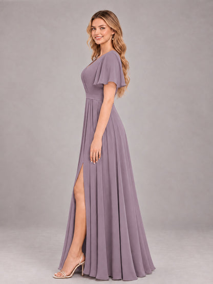 Wisteria Trendy V-Neck Short Sleeves Chiffon Bridesmaid Dress With Pockets