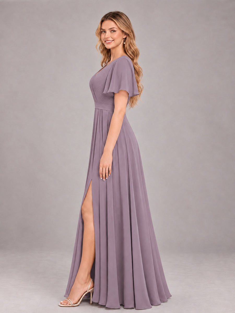 Wisteria Trendy V-Neck Short Sleeves Chiffon Bridesmaid Dress With Pockets