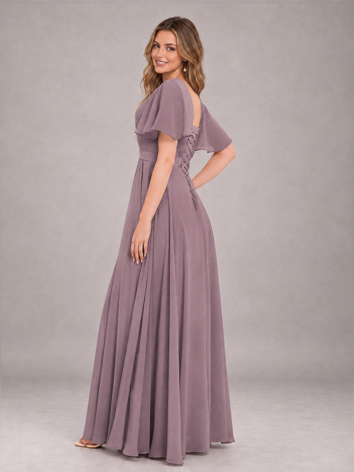 Wisteria Trendy V-Neck Short Sleeves Chiffon Bridesmaid Dress With Pockets