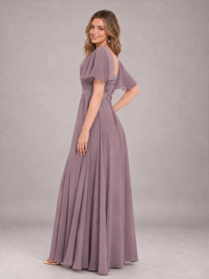Wisteria Trendy V-Neck Short Sleeves Chiffon Bridesmaid Dress With Pockets