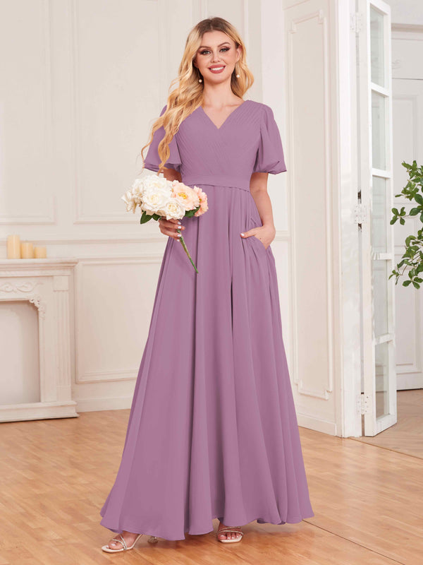 Dusty Purple Trendy V-Neck Short Sleeves Chiffon Bridesmaid Dresses With Pockets