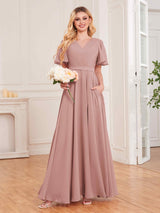 Trendy V-Neck Short Sleeves Chiffon Bridesmaid Dresses With Pockets