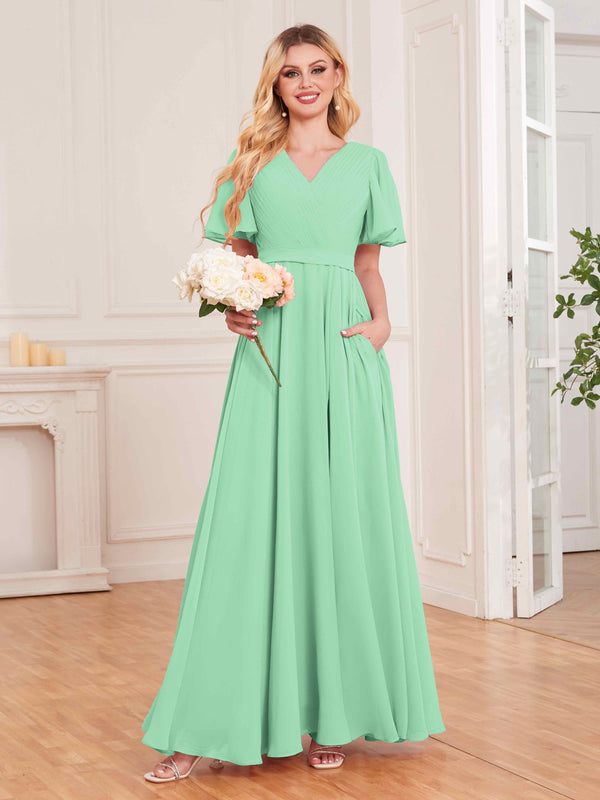 Mint Green Trendy V-Neck Short Sleeves Chiffon Bridesmaid Dresses With Pockets