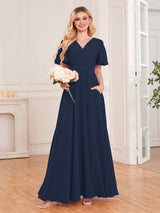 Trendy V-Neck Short Sleeves Chiffon Bridesmaid Dresses With Pockets
