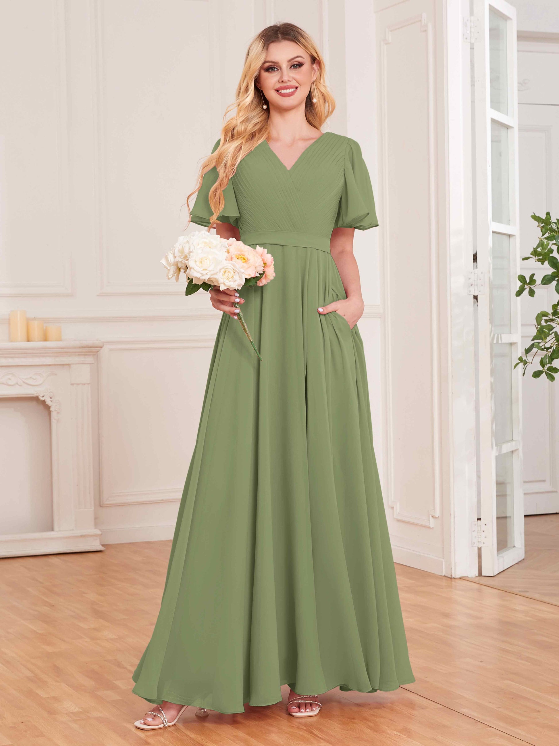 Trendy V-Neck Short Sleeves Chiffon Bridesmaid Dresses With Pockets –