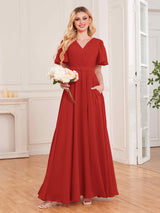 Trendy V-Neck Short Sleeves Chiffon Bridesmaid Dresses With Pockets