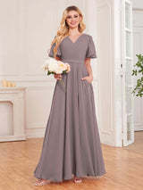 Trendy V-Neck Short Sleeves Chiffon Bridesmaid Dresses With Pockets