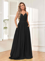 Trendy V-Neck Spaghetti Straps Long Chiffon Bridesmaid Dresses