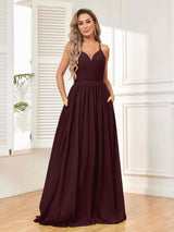 Trendy V-Neck Spaghetti Straps Long Chiffon Bridesmaid Dresses