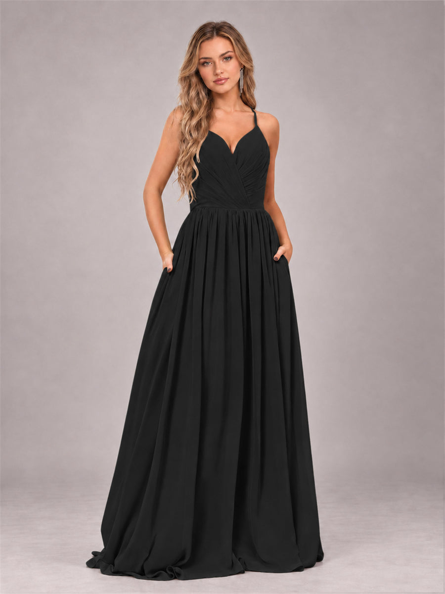 Black Trendy V-Neck Spaghetti Straps Long Chiffon Bridesmaid Dress