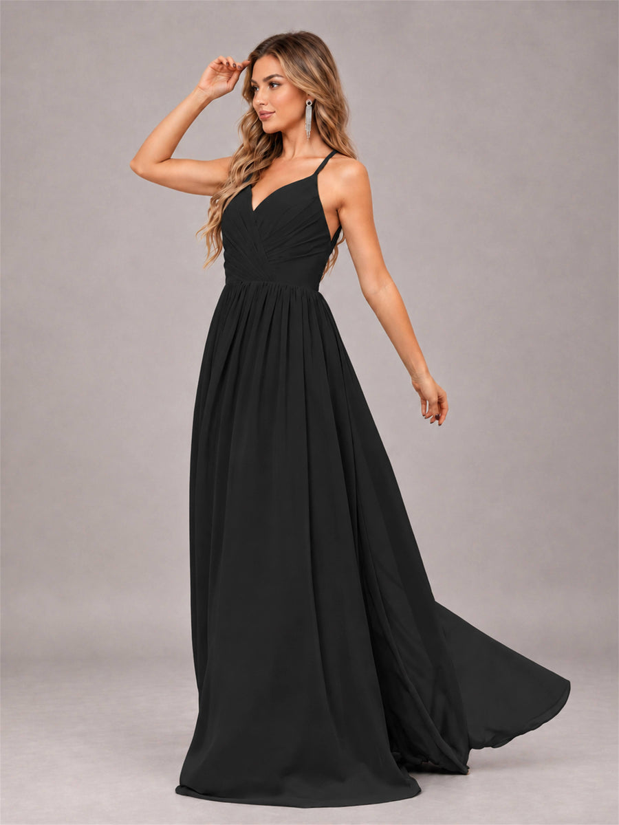 Black Trendy V-Neck Spaghetti Straps Long Chiffon Bridesmaid Dress