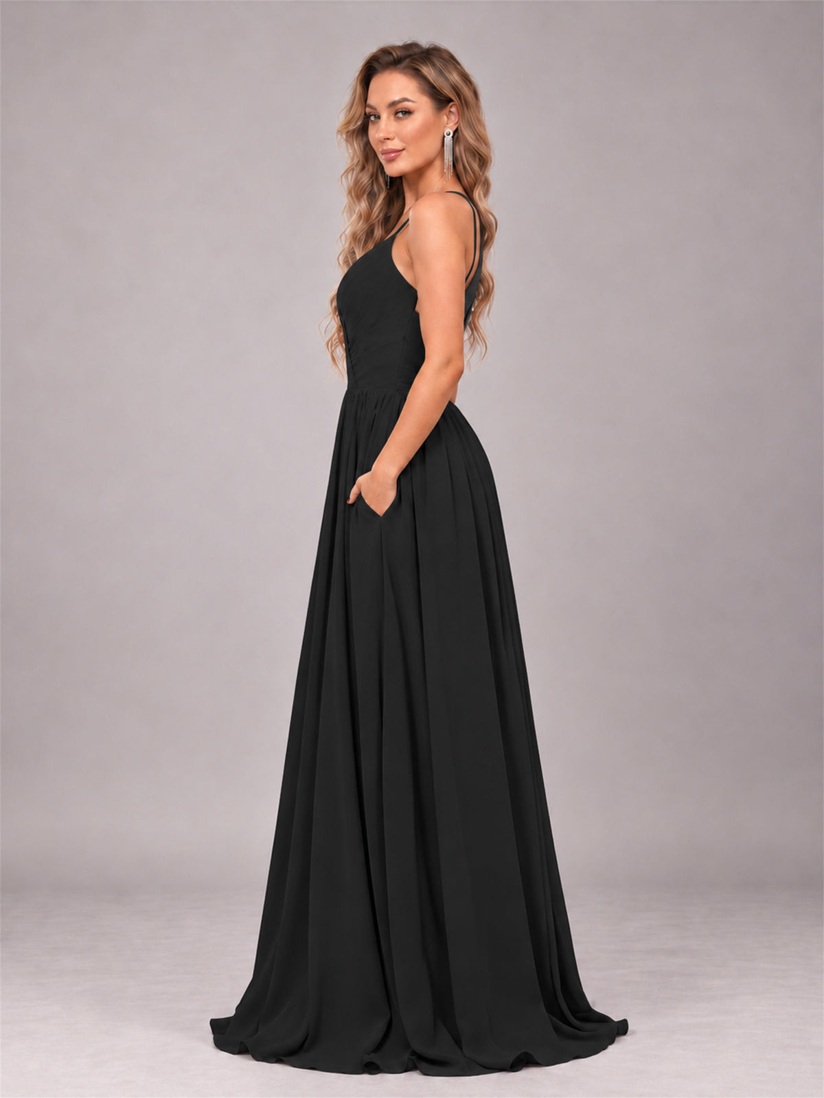Black Trendy V-Neck Spaghetti Straps Long Chiffon Bridesmaid Dress