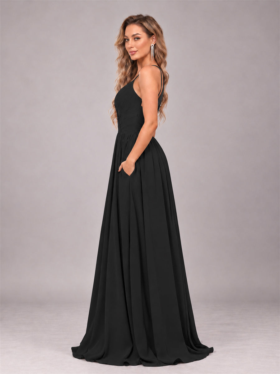 Black Trendy V-Neck Spaghetti Straps Long Chiffon Bridesmaid Dress