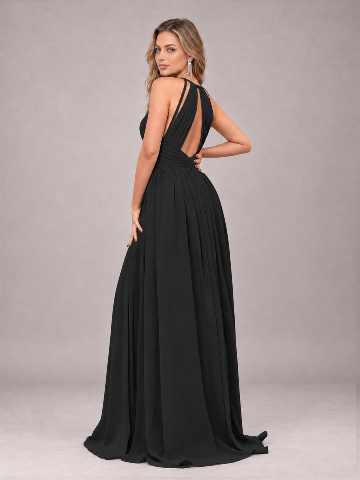 Black Trendy V-Neck Spaghetti Straps Long Chiffon Bridesmaid Dress