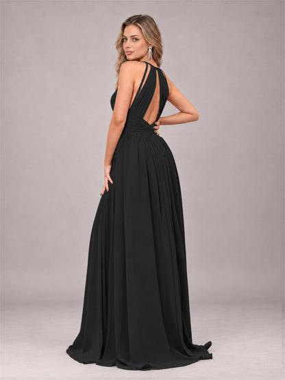 Black Trendy V-Neck Spaghetti Straps Long Chiffon Bridesmaid Dress