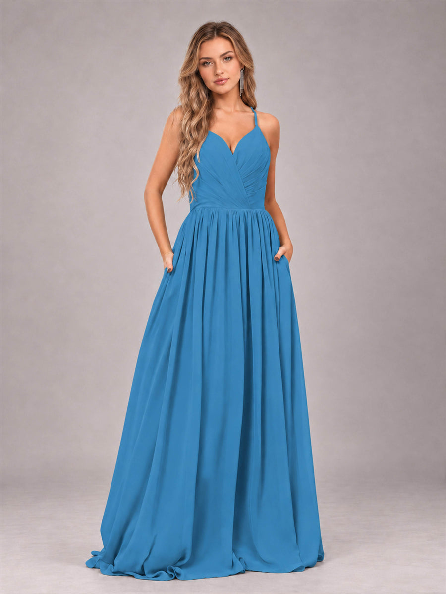Blue Trendy V-Neck Spaghetti Straps Long Chiffon Bridesmaid Dress