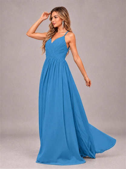 Blue Trendy V-Neck Spaghetti Straps Long Chiffon Bridesmaid Dress