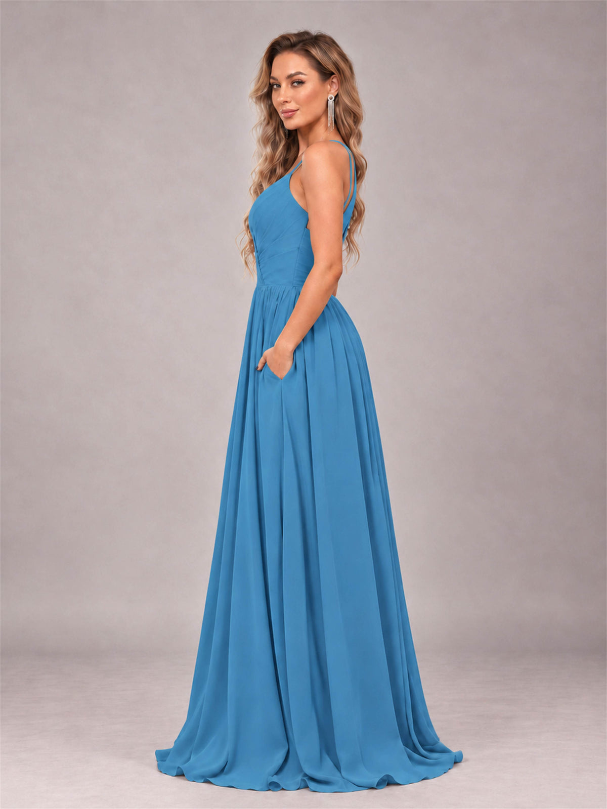 Blue Trendy V-Neck Spaghetti Straps Long Chiffon Bridesmaid Dress