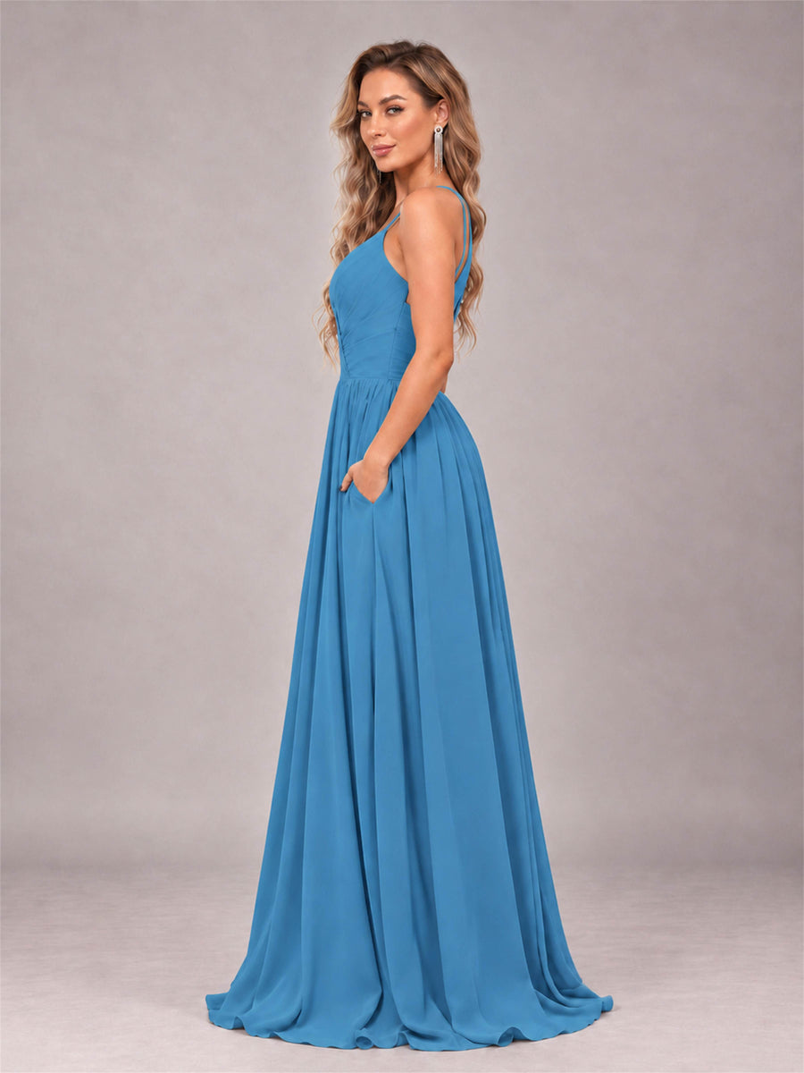 Blue Trendy V-Neck Spaghetti Straps Long Chiffon Bridesmaid Dress