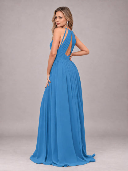 Blue Trendy V-Neck Spaghetti Straps Long Chiffon Bridesmaid Dress