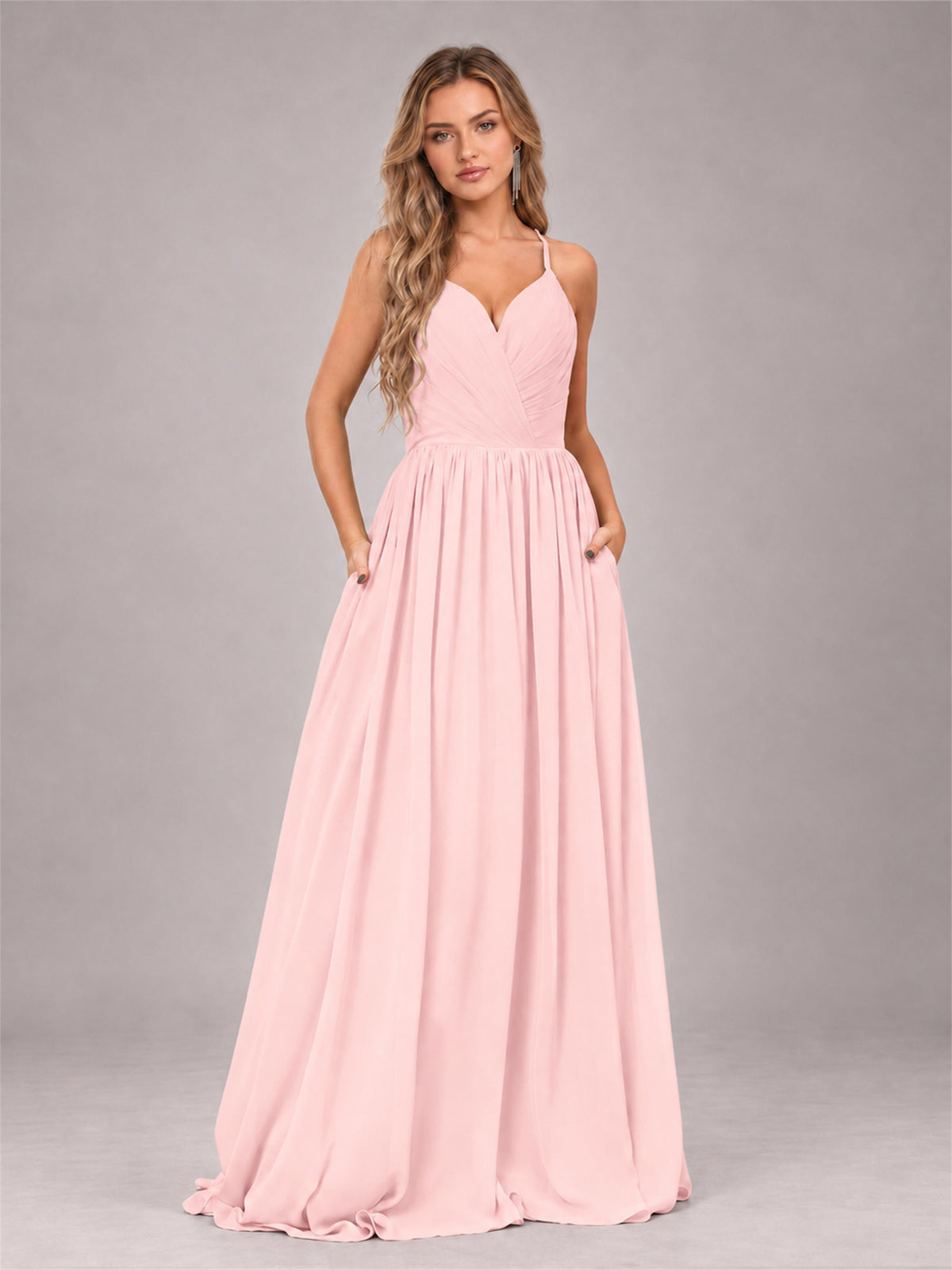 Blush Pink Trendy V-Neck Spaghetti Straps Long Chiffon Bridesmaid Dress