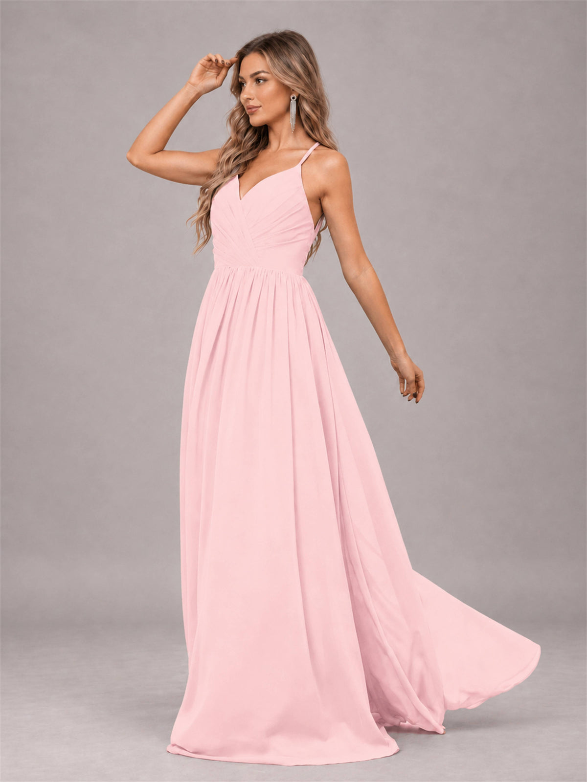 Blush Pink Trendy V-Neck Spaghetti Straps Long Chiffon Bridesmaid Dress