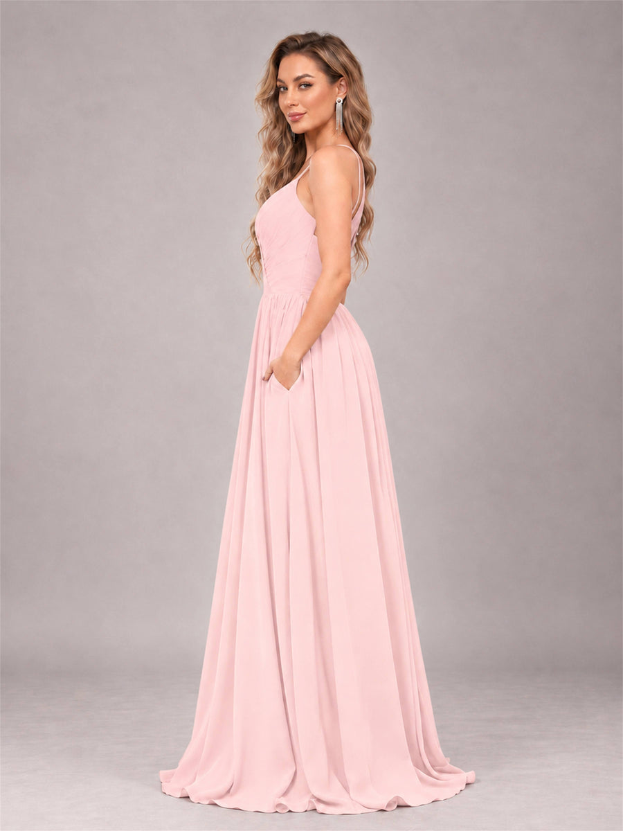 Blush Pink Trendy V-Neck Spaghetti Straps Long Chiffon Bridesmaid Dress