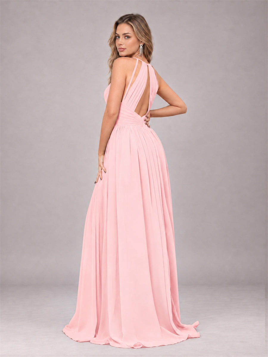 Blush Pink Trendy V-Neck Spaghetti Straps Long Chiffon Bridesmaid Dress