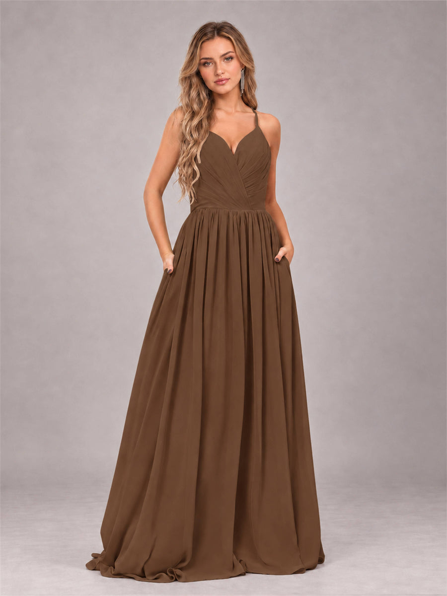 Brown Trendy V-Neck Spaghetti Straps Long Chiffon Bridesmaid Dress