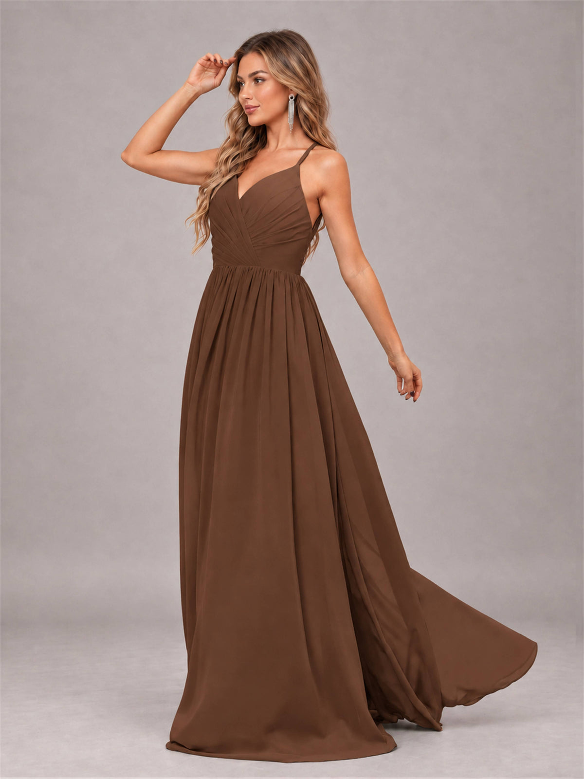 Brown Trendy V-Neck Spaghetti Straps Long Chiffon Bridesmaid Dress