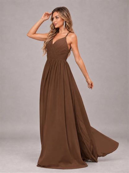 Brown Trendy V-Neck Spaghetti Straps Long Chiffon Bridesmaid Dress