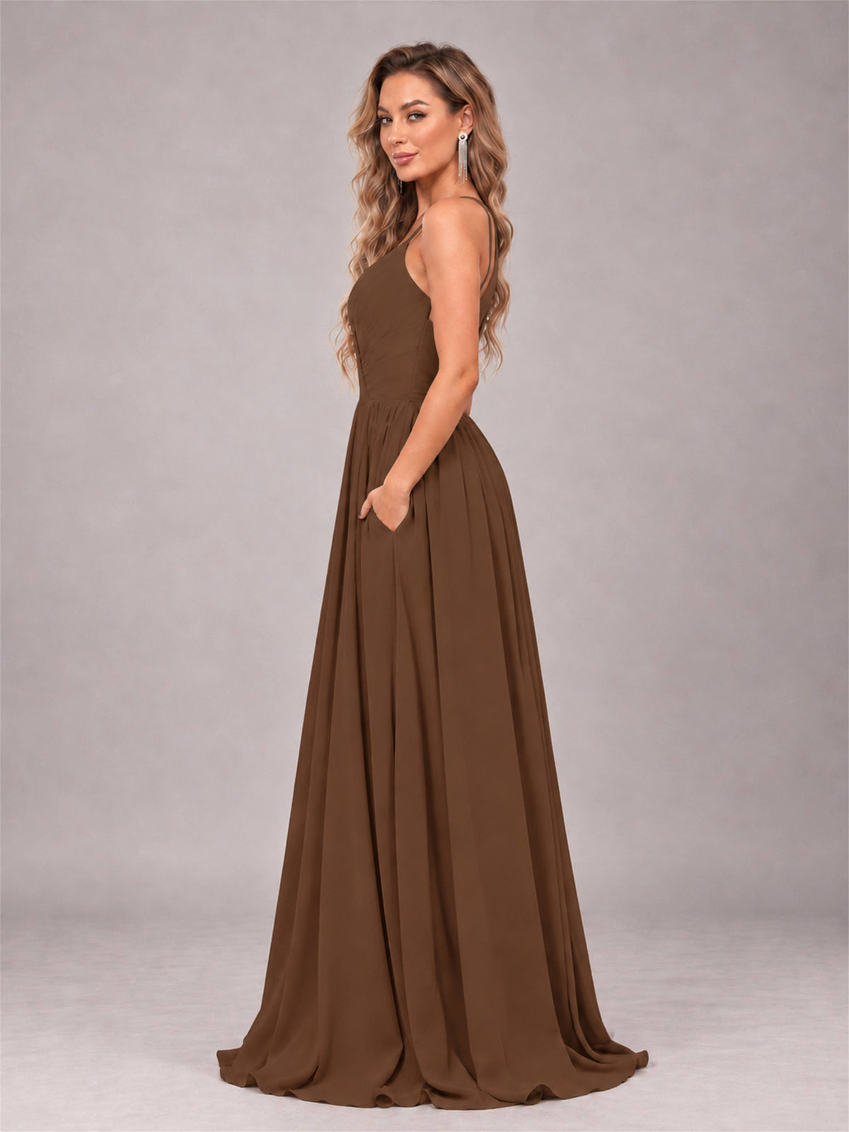 Brown Trendy V-Neck Spaghetti Straps Long Chiffon Bridesmaid Dress