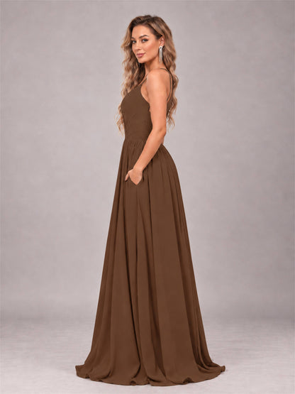 Brown Trendy V-Neck Spaghetti Straps Long Chiffon Bridesmaid Dress