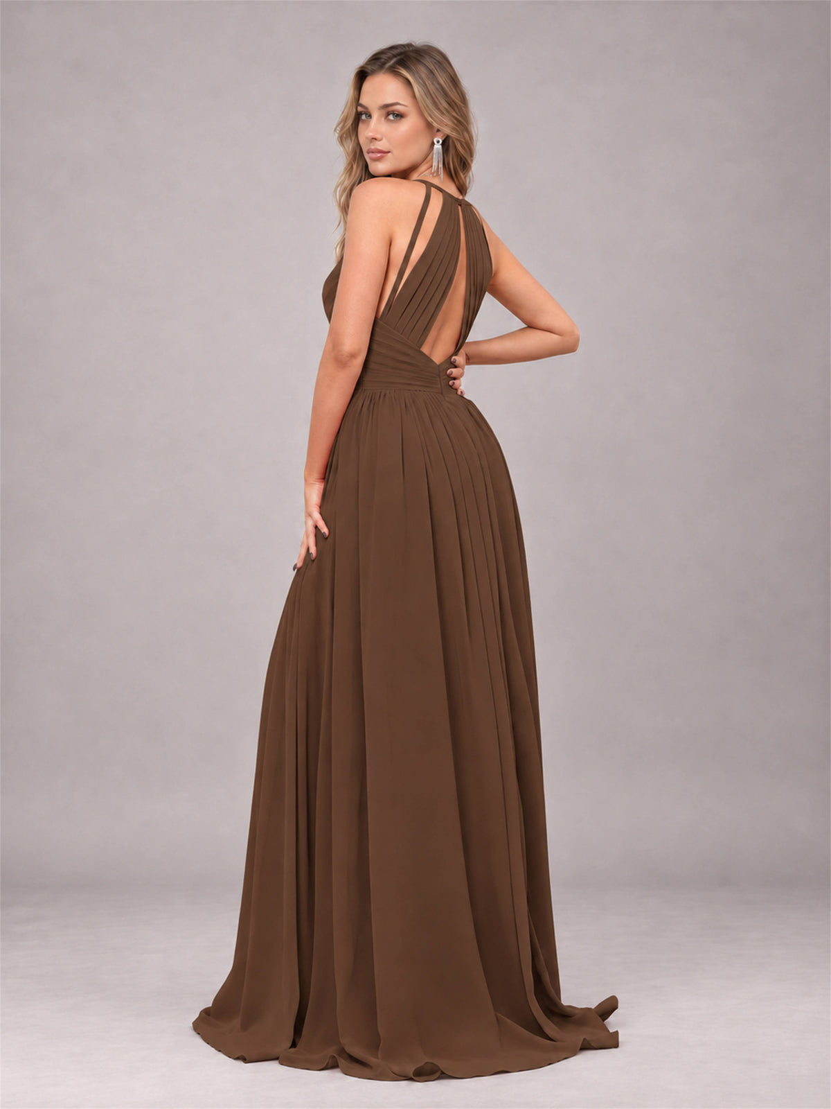 Brown Trendy V-Neck Spaghetti Straps Long Chiffon Bridesmaid Dress