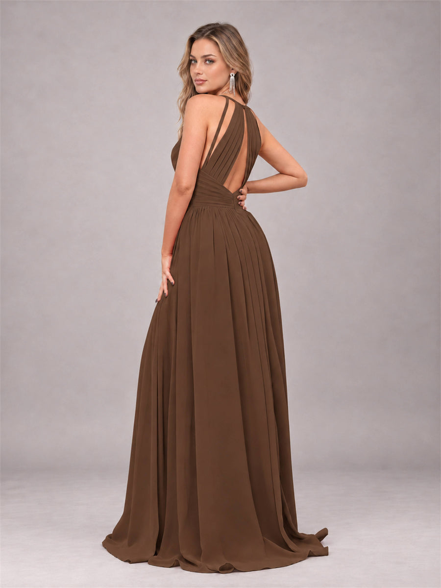 Brown Trendy V-Neck Spaghetti Straps Long Chiffon Bridesmaid Dress