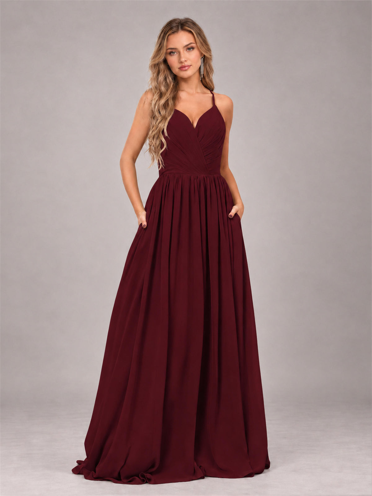 Burgundy Trendy V-Neck Spaghetti Straps Long Chiffon Bridesmaid Dress