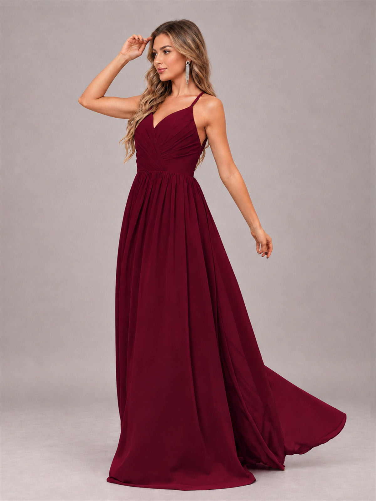 Burgundy Trendy V-Neck Spaghetti Straps Long Chiffon Bridesmaid Dress