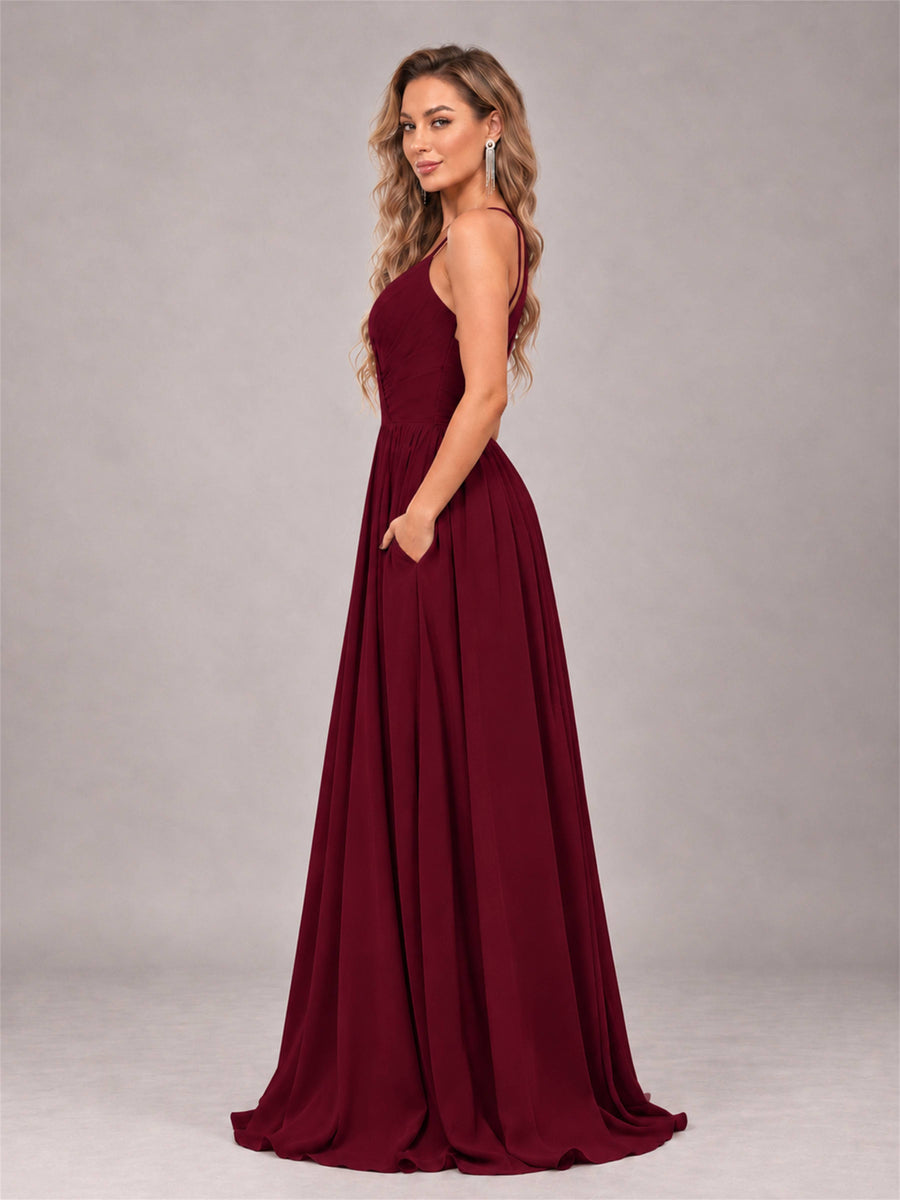 Burgundy Trendy V-Neck Spaghetti Straps Long Chiffon Bridesmaid Dress
