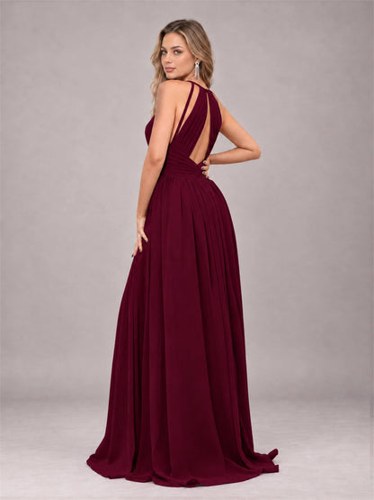 Burgundy Trendy V-Neck Spaghetti Straps Long Chiffon Bridesmaid Dress