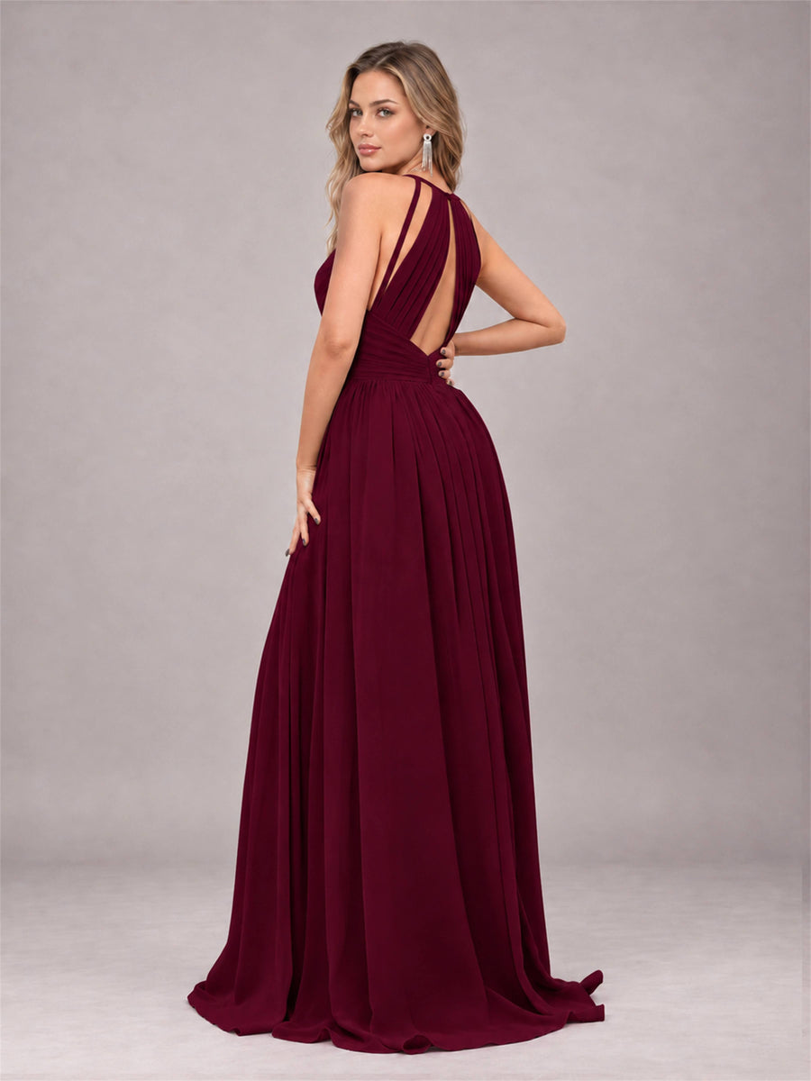 Burgundy Trendy V-Neck Spaghetti Straps Long Chiffon Bridesmaid Dress