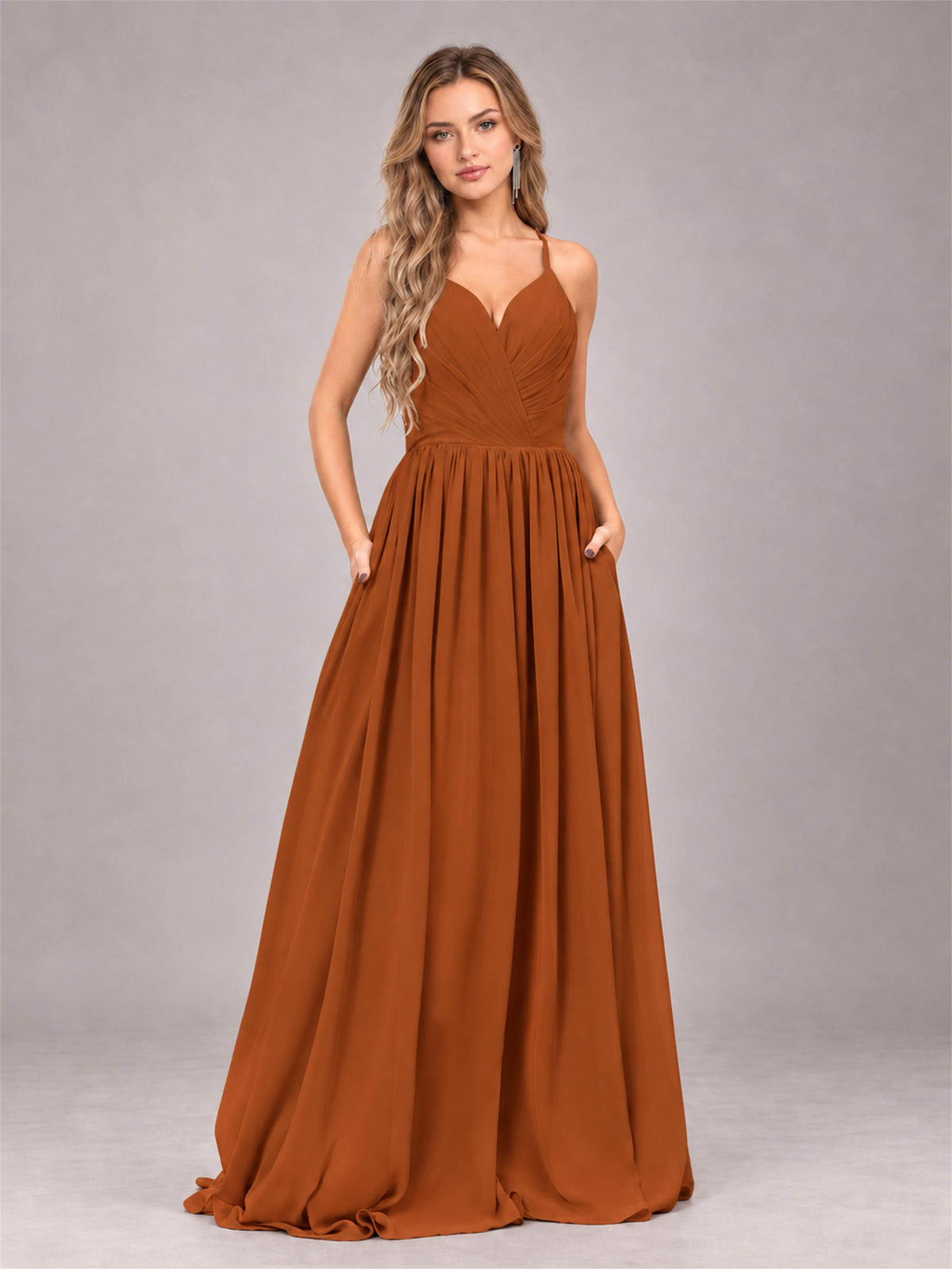 Burnt Orange Trendy V-Neck Spaghetti Straps Long Chiffon Bridesmaid Dress