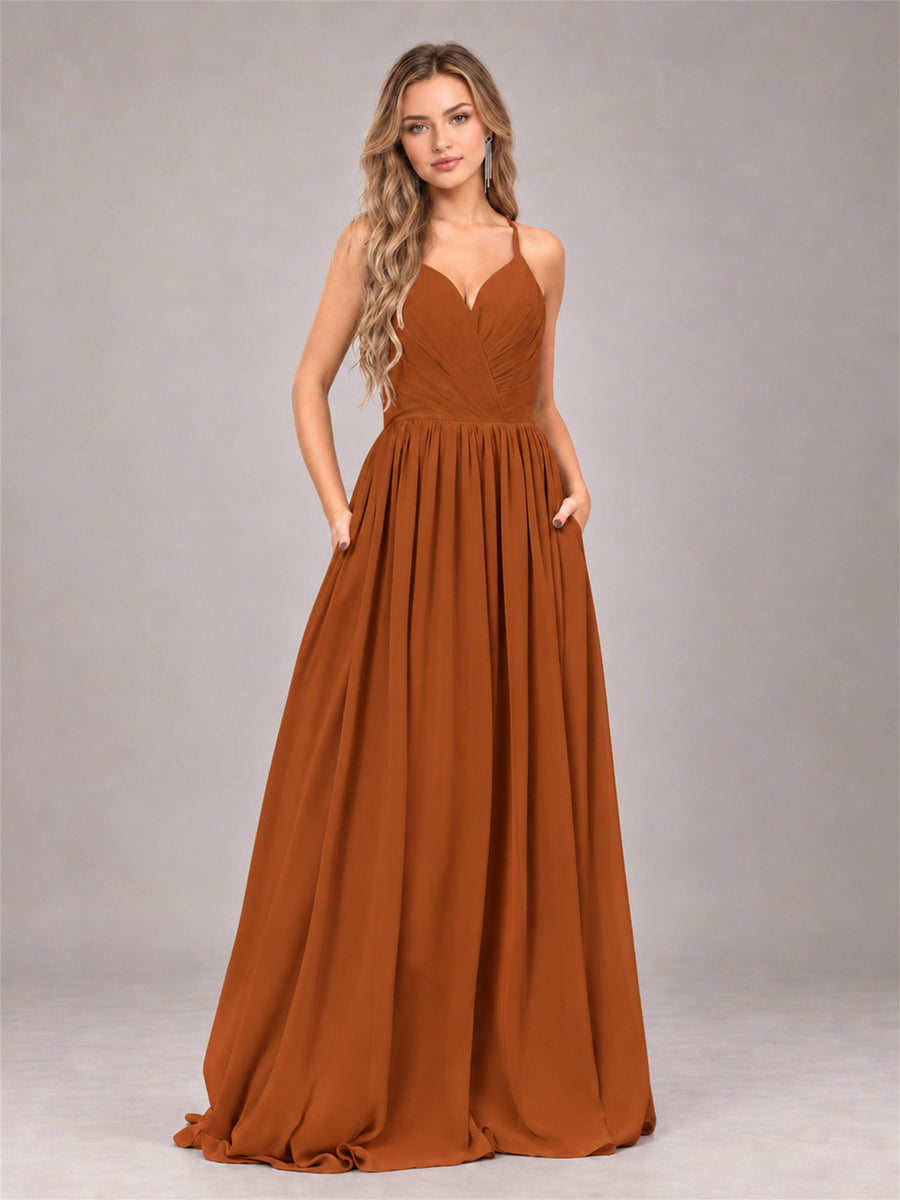 Burnt Orange Trendy V-Neck Spaghetti Straps Long Chiffon Bridesmaid Dress