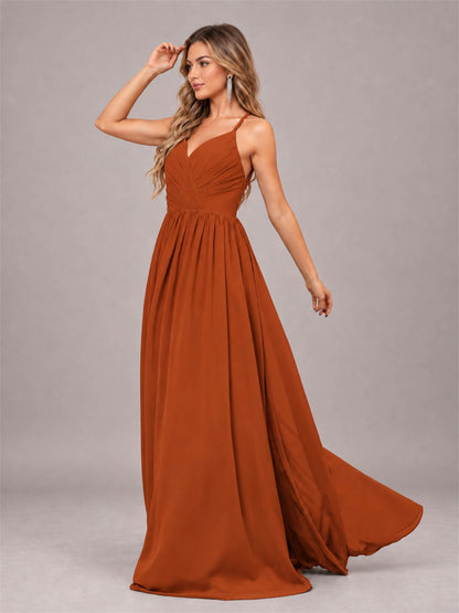 Burnt Orange Trendy V-Neck Spaghetti Straps Long Chiffon Bridesmaid Dress