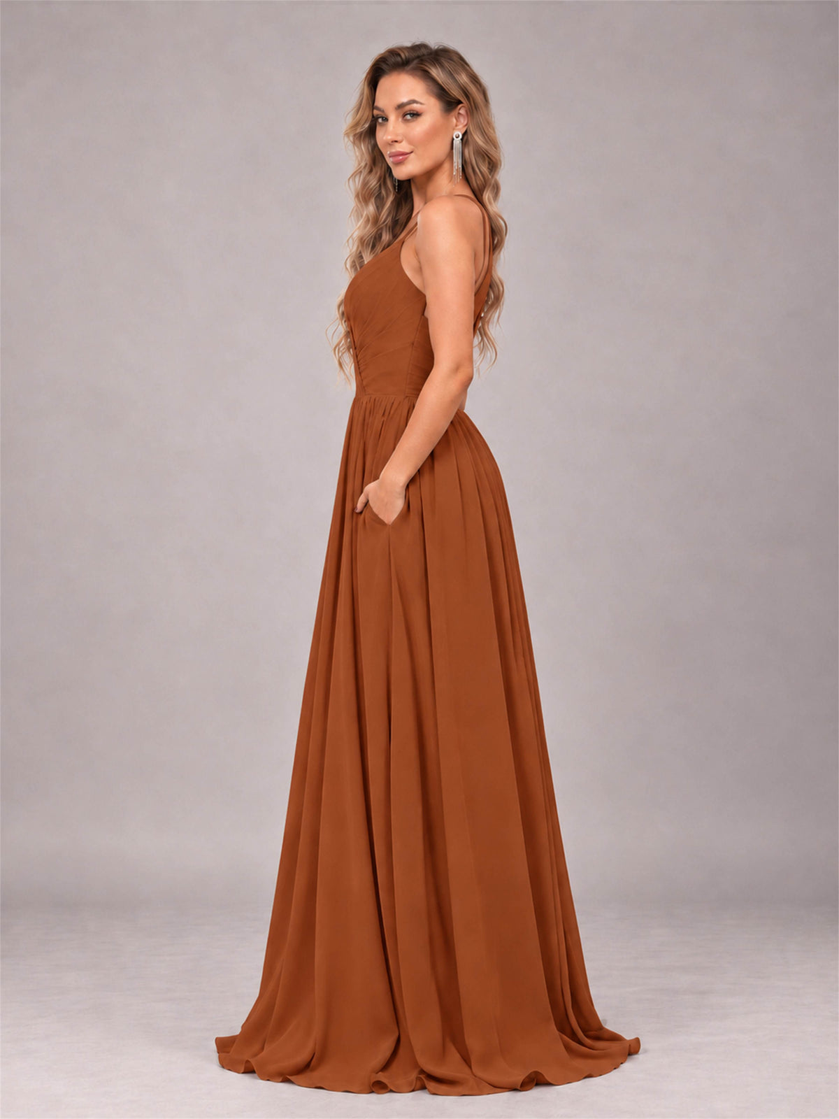 Burnt Orange Trendy V-Neck Spaghetti Straps Long Chiffon Bridesmaid Dress